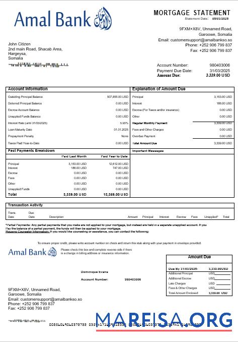 Blank Somalia Amal bank mortgage statement in Word and PDF formats real example